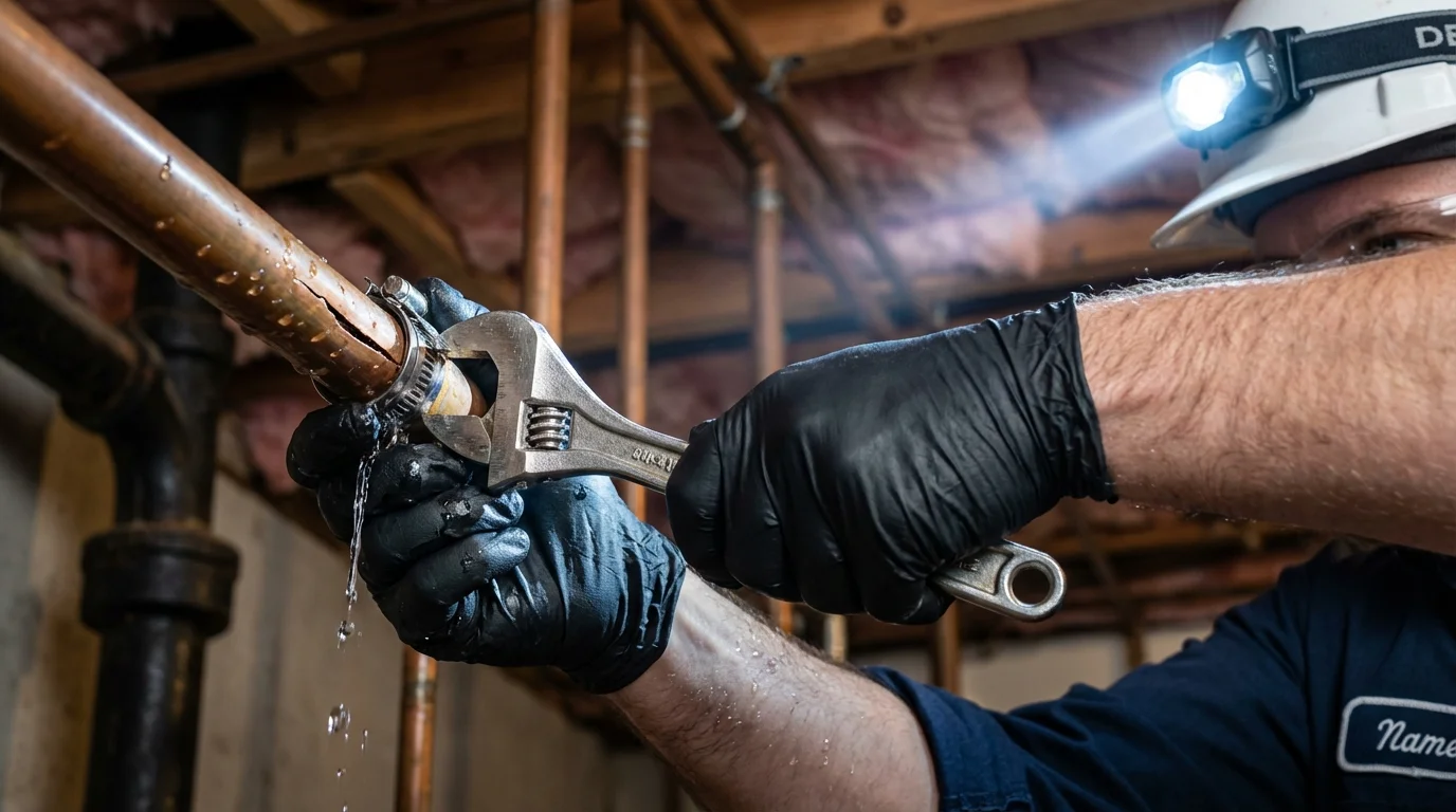 Emergency pipe clamp repair being performed by a Johns Plumbing LLC plumber in Ritzville