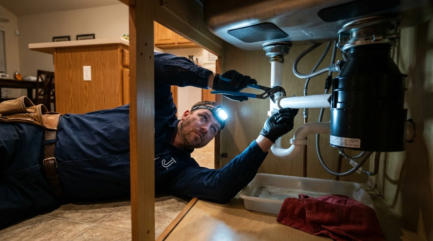 P-trap and supply line connections under a kitchen sink showing a common leak point in Ritzville, WA